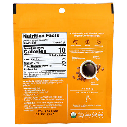 Four Sigmatic, Focus, Organic Instant Coffee with Lion's Mane Mushroom & Yacon, Medium Roast, 1.76 oz (50 g)