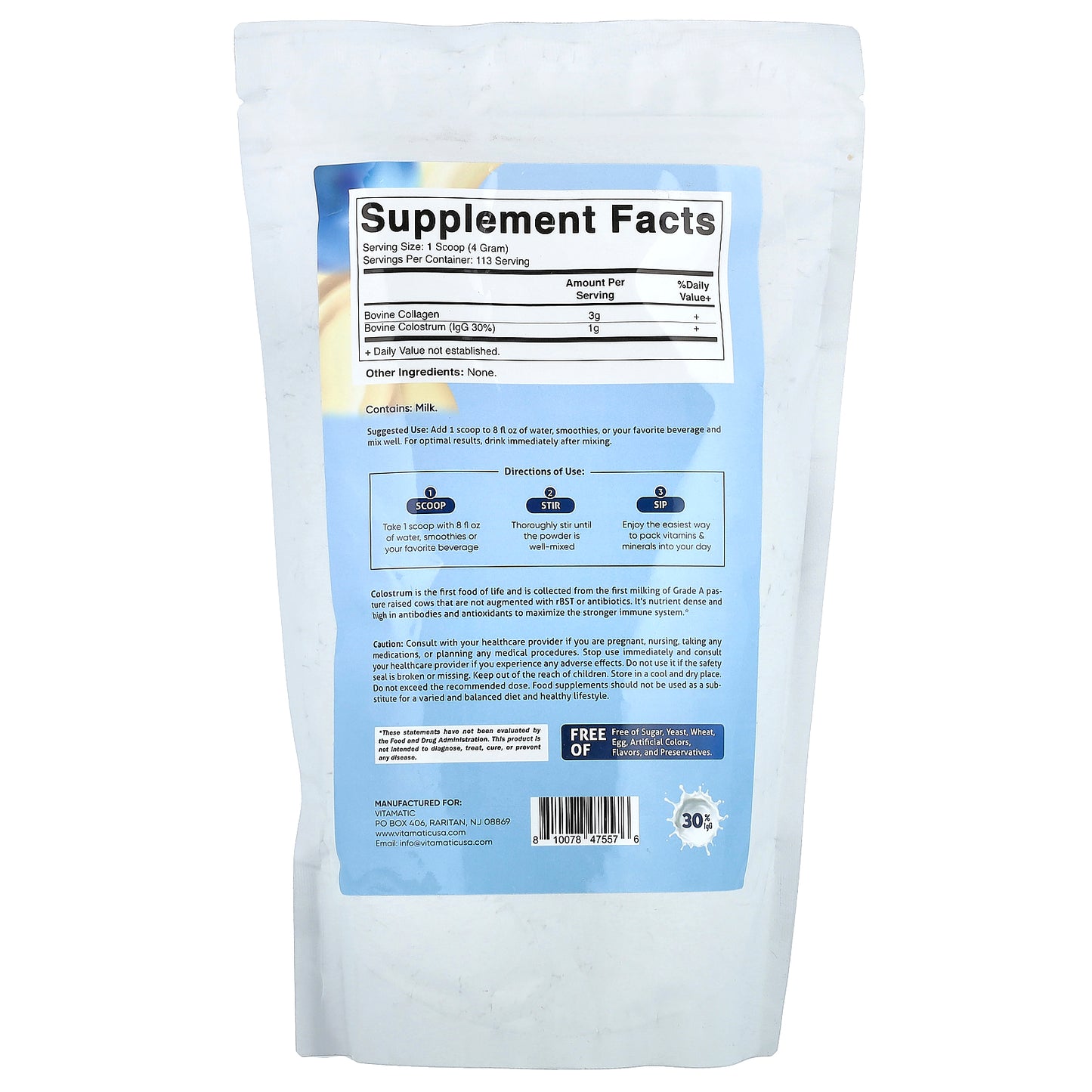 Vitamatic, Colostrum + Collagen Powder, Unflavored, 16 oz (454 g)