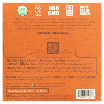 TCHO, Aww Nuts!, Almond Butter & Sea Salt Filled Dark Chocolate, 75% Cacao Shell, 3 Bars, 0.70 oz Each