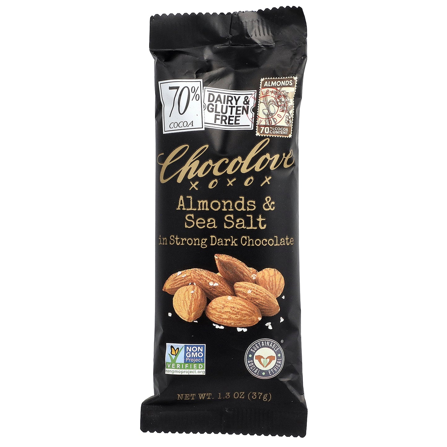 Chocolove, Almonds & Sea Salt in Strong Dark Chocolate, 70% Cocoa, 1.3 oz (37 g)