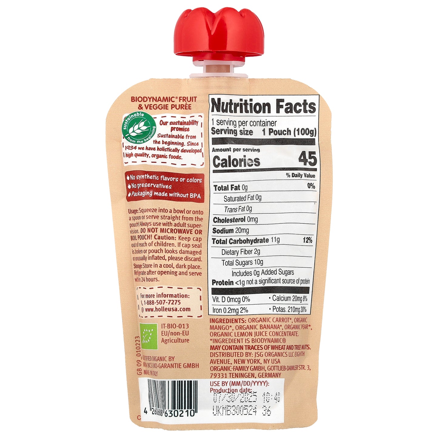 Holle, Organic Fruit & Veggie Puree, Carrot Cat, 6+ Months, Carrot, Mango, Banana & Pear, 3.5 oz (100 g)