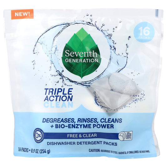 Seventh Generation, Dishwasher Detergent Packs, Free & Clear, 16 Packs, 8.9 oz (254 g)