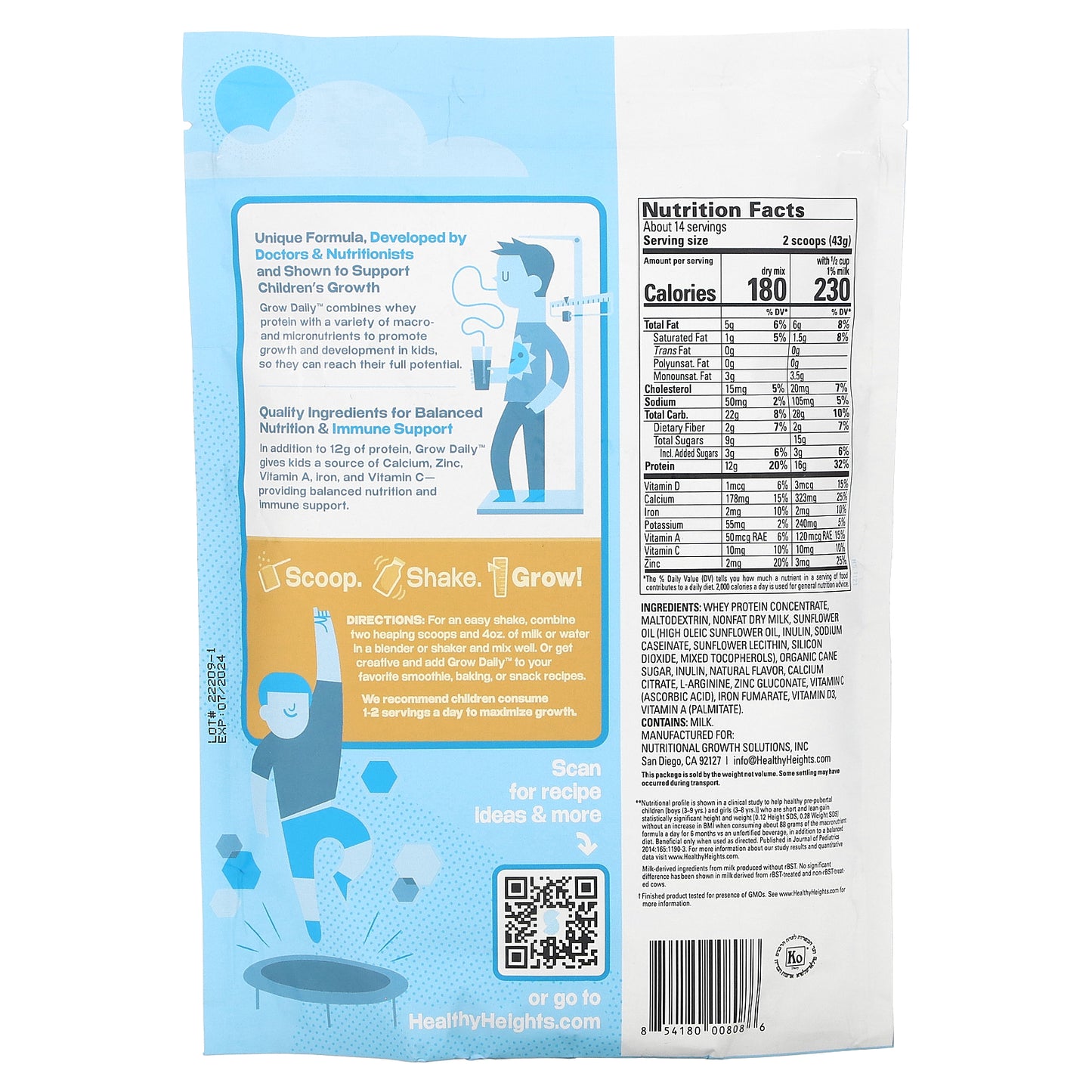 Healthy Heights, Grow Daily, Whey Protein & Nutrition Mix, For Kids 3+, Vanilla, 21.7 oz (616 g)