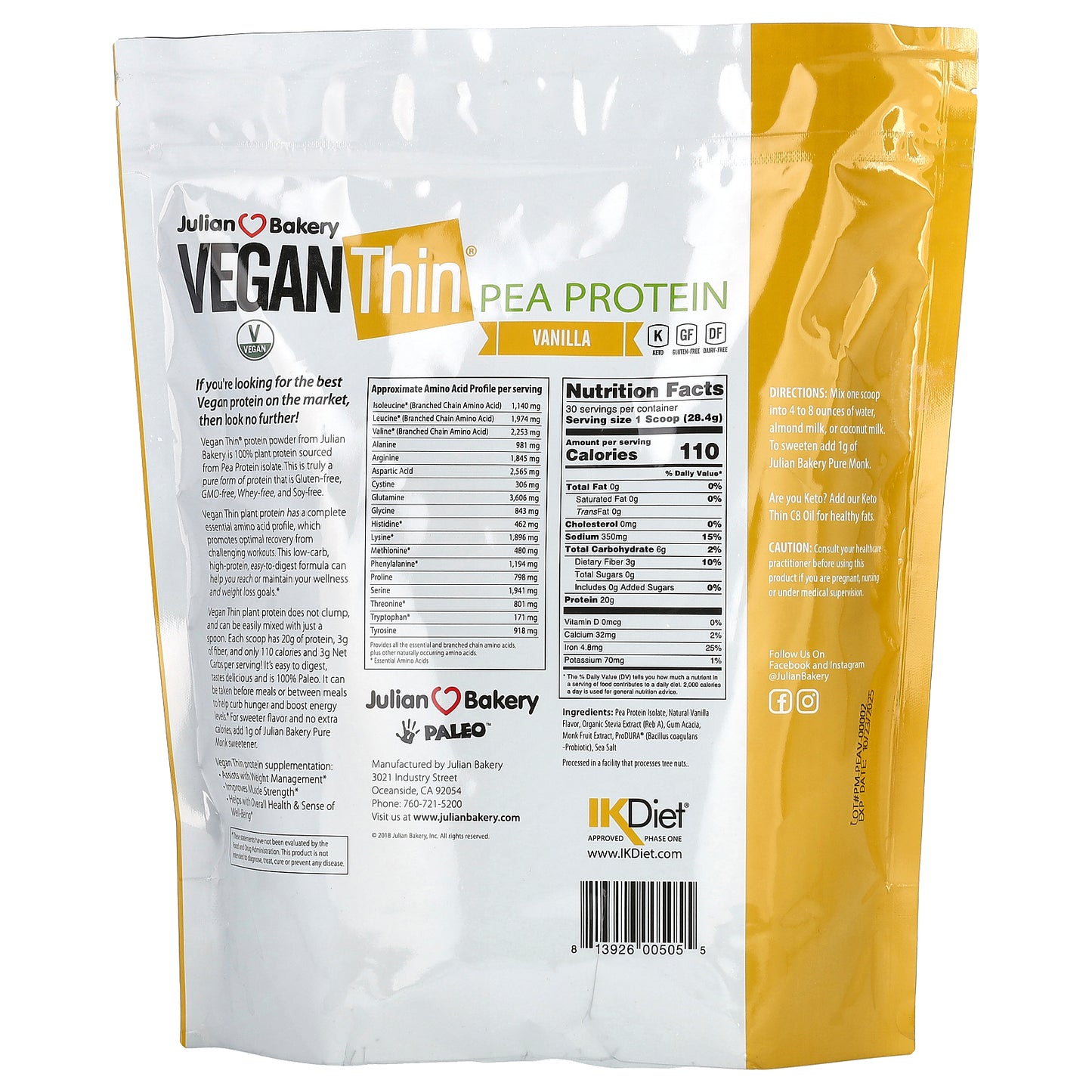 Julian Bakery, Vegan Thin, Pea Protein, Vanilla, 1.88 lbs (852 g)