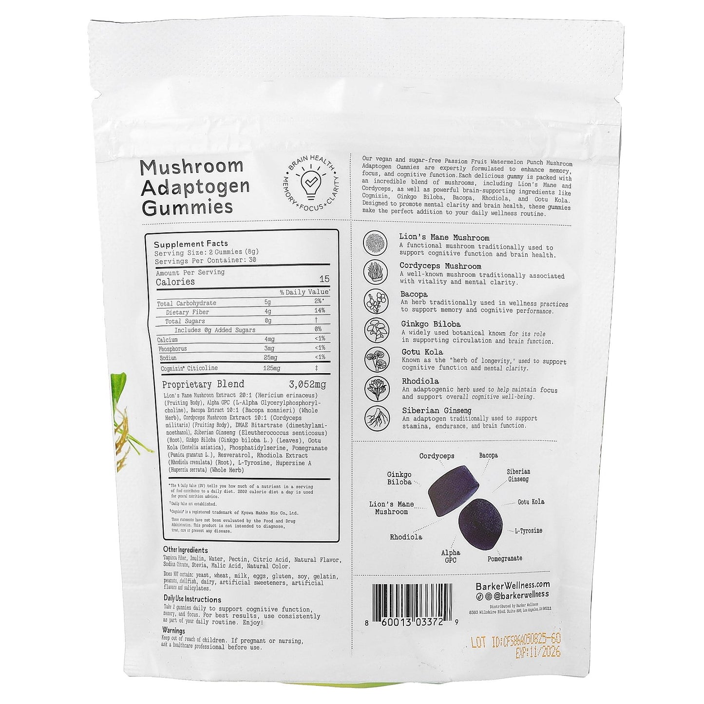 Barker Wellness Co, Mushroom Adaptogen Gummies, Passion Fruit Watermelon Punch, 60 Gummies