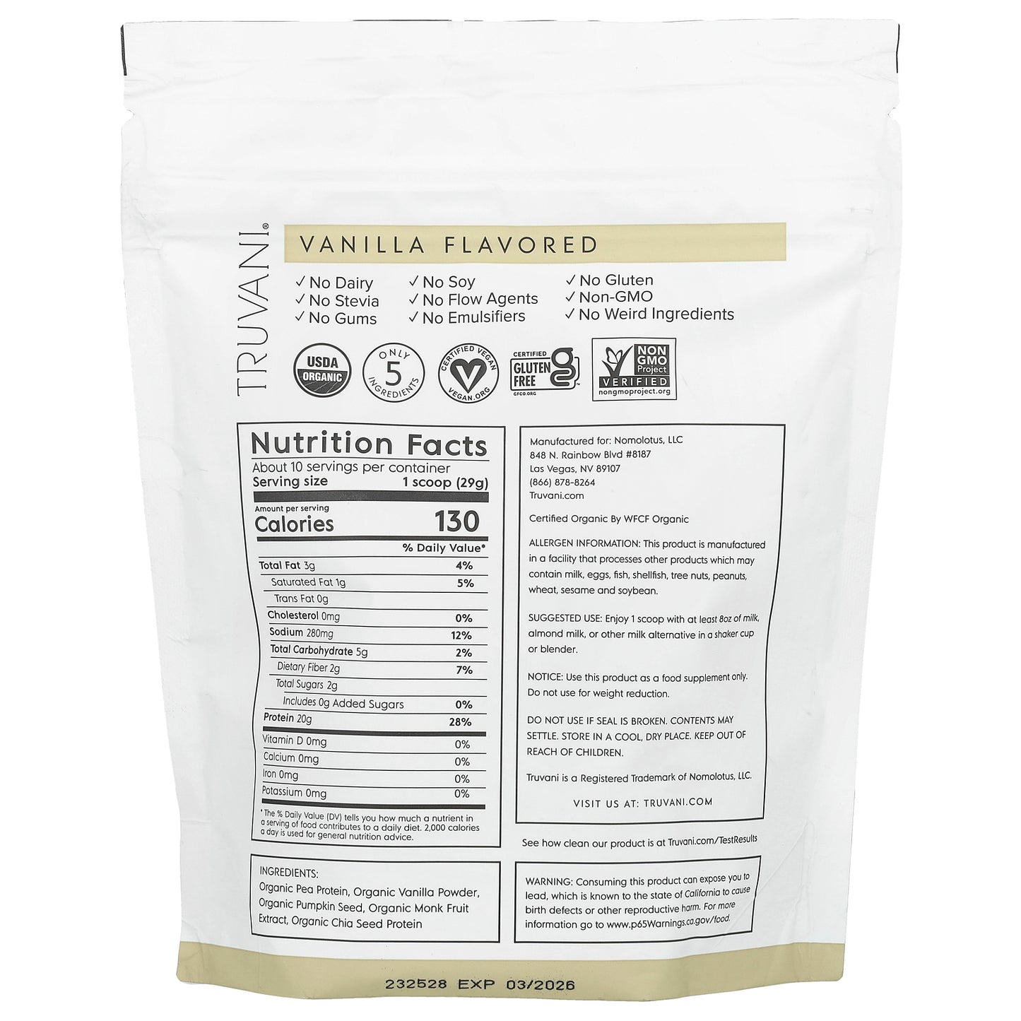 Truvani, Plant Based Protein, Vanilla, 0.65 lbs (297 g)