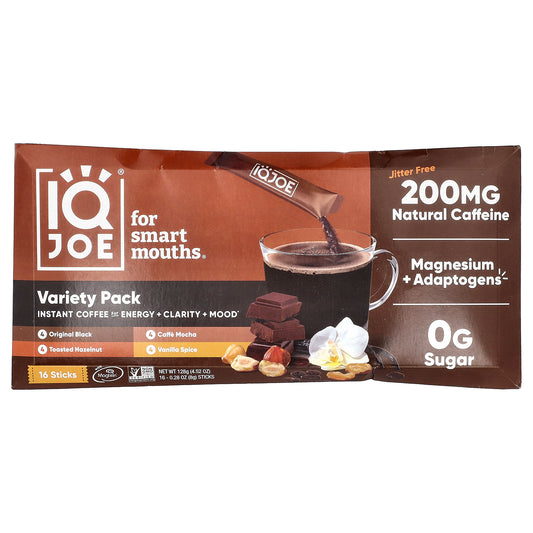 IQBAR, IQJOE®, Instant Coffee For Energy + Clarity + Mood, Variety Pack, 16 Sticks, 0.28 oz (8 g) Each