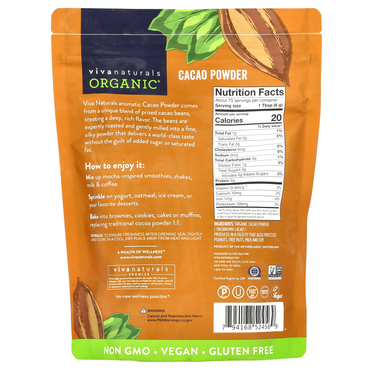 Viva Naturals, Organic Cacao Powder, 1 lb (454 g)