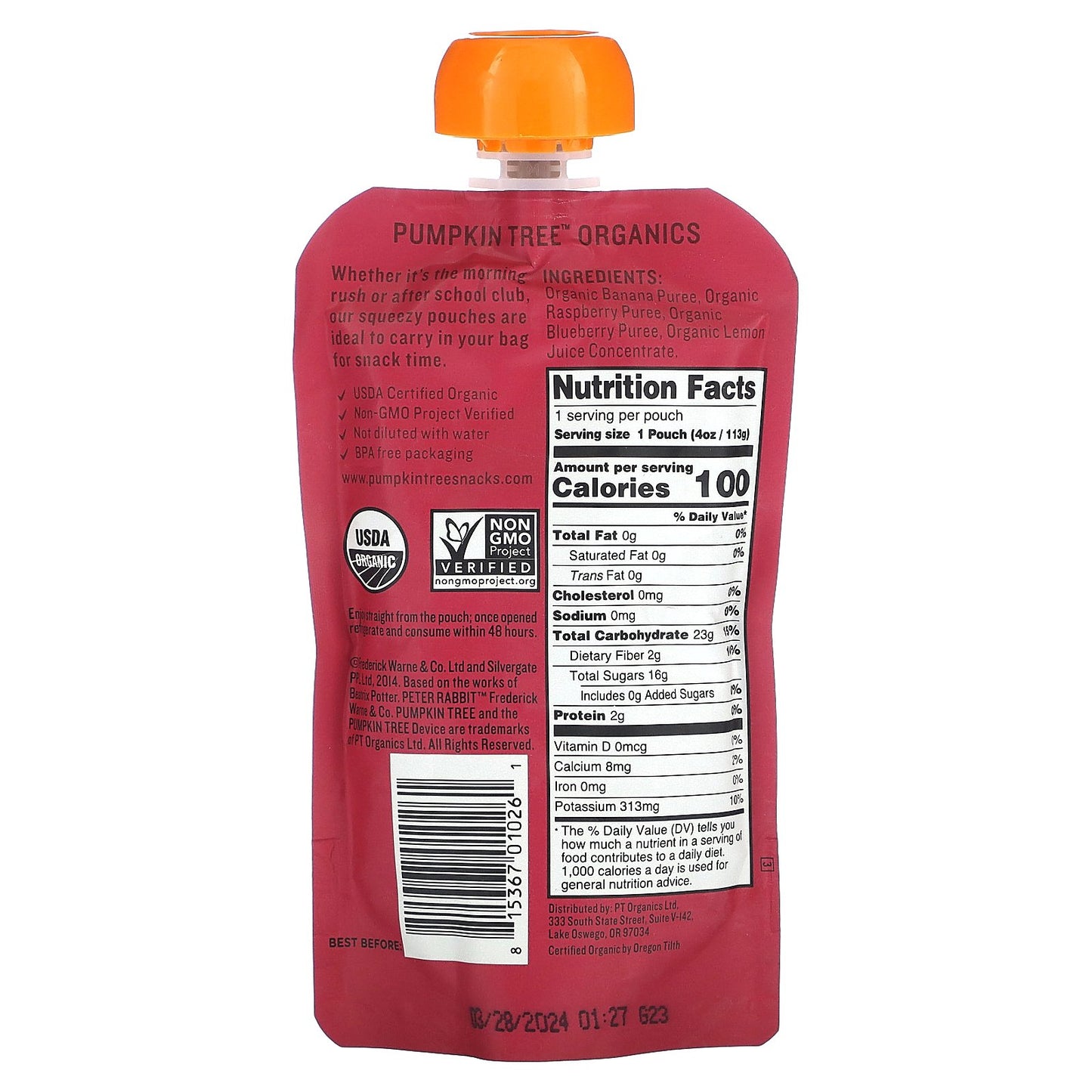 Pumpkin Tree Organics, Peter Rabbit Organics, Organic Fruit Puree, Banana, Raspberry & Blueberry, 4 oz (113 g)