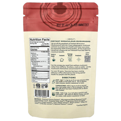Teeccino, Instant Herbal Coffee, Miraculous Mushrooms, Caffeine Free, 3.53 oz (100 g)