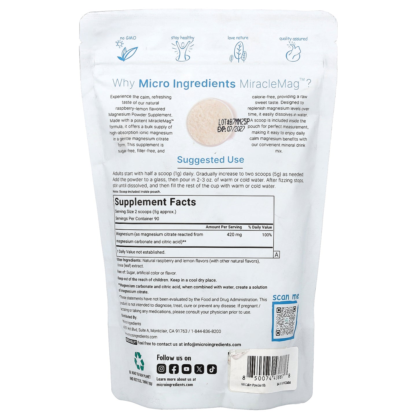 Micro Ingredients, MiracleMag™, Raspberry Lemon, 1 lb (454 g)