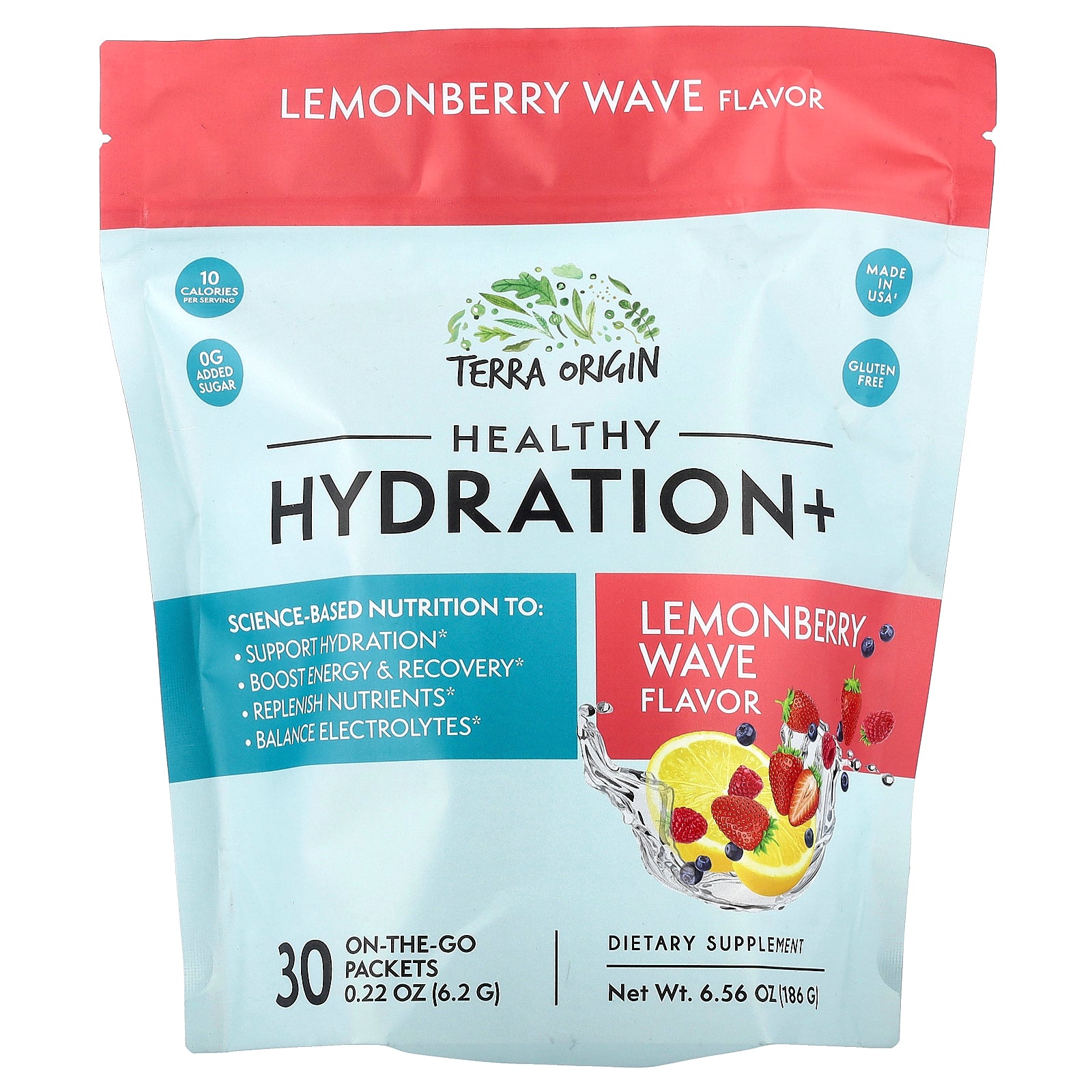 Terra Origin, Healthy Hydration+, Lemonberry Wave, 30 On-The-Go Packets, 0.22 oz (6.2 g) Each