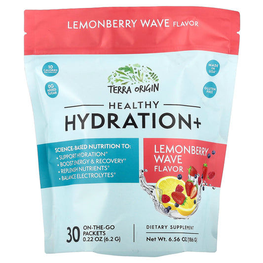 Terra Origin, Healthy Hydration+, Lemonberry Wave, 30 On-The-Go Packets, 0.22 oz (6.2 g) Each