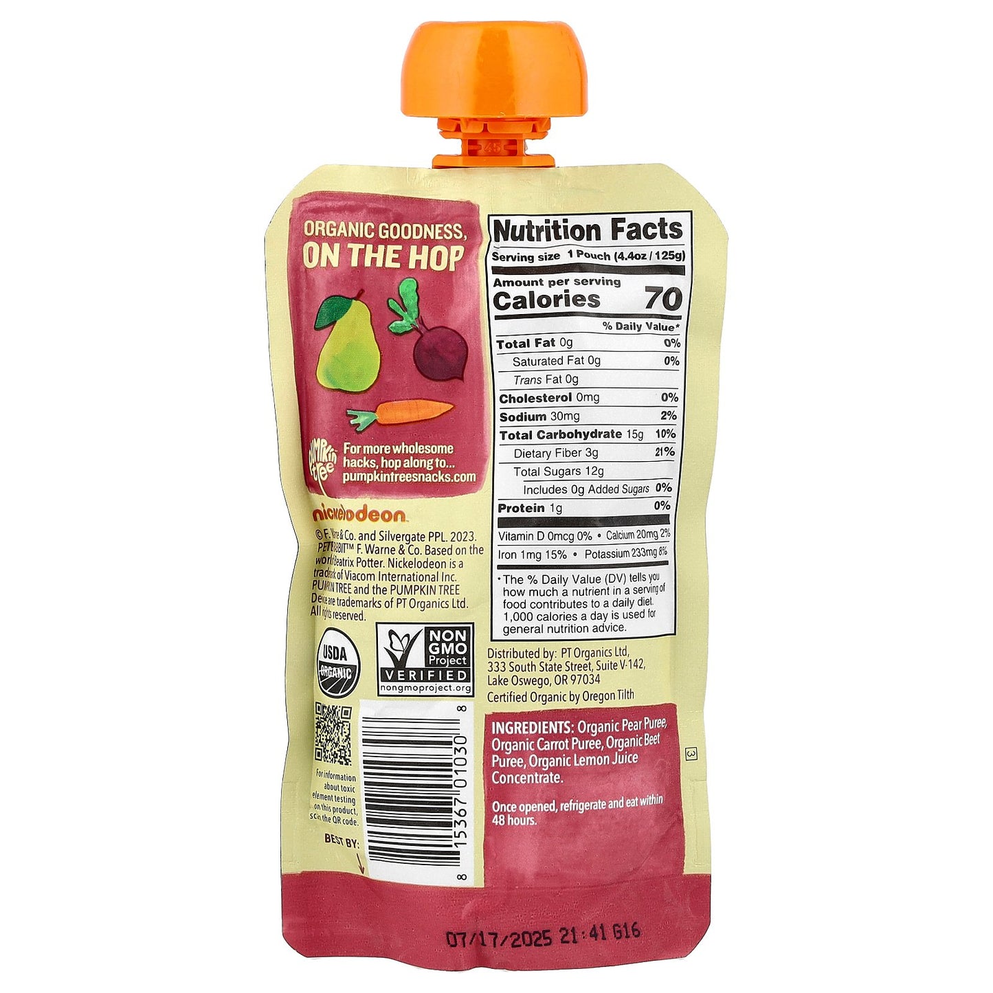 Pumpkin Tree Organics, Peter Rabbit™ Organics, Organic Fruit & Vegetable Puree, Pear, Carrot & Beet, 4.4 oz (125 g)