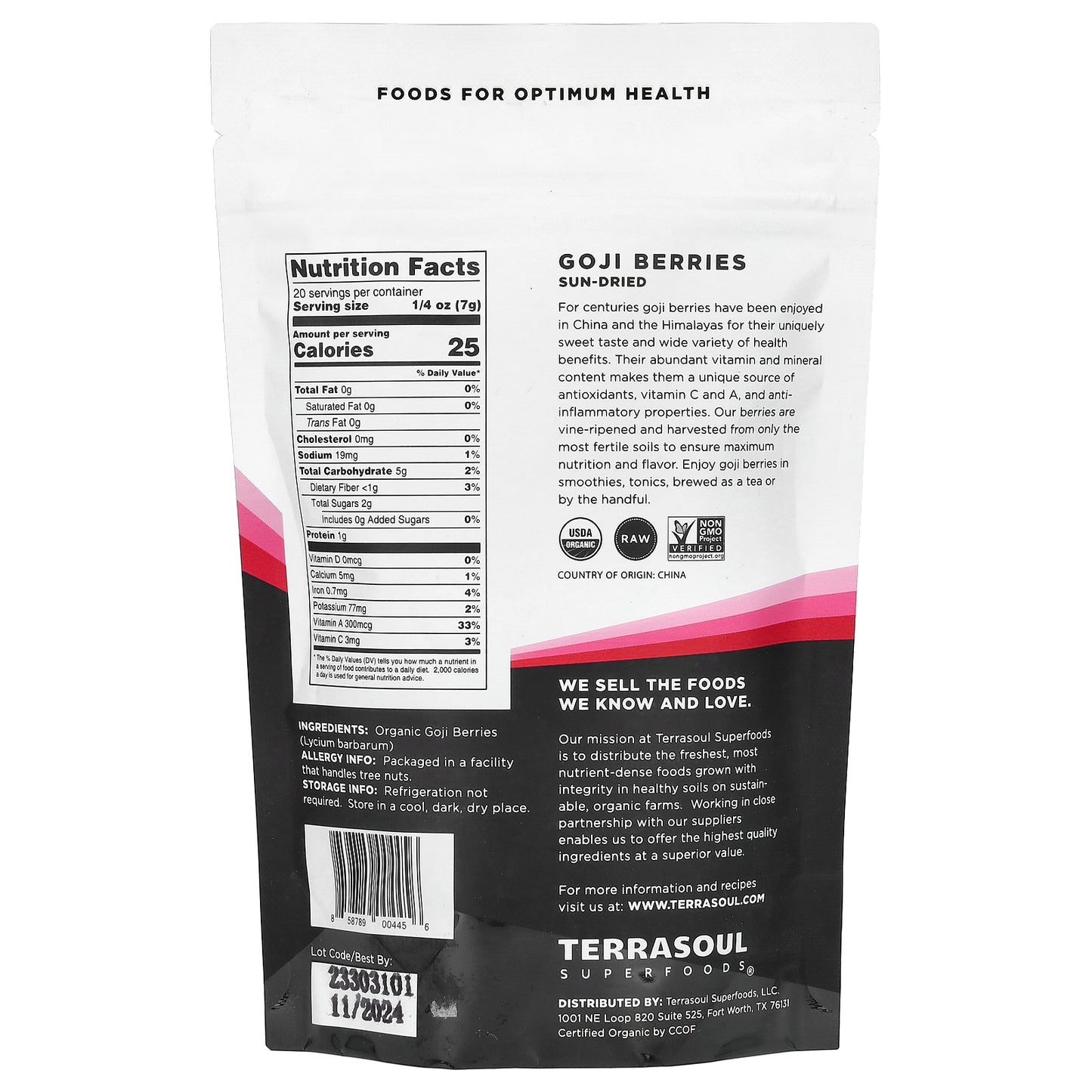 Terrasoul Superfoods, Goji Berries, Sun Dried, 5 oz (141 g)