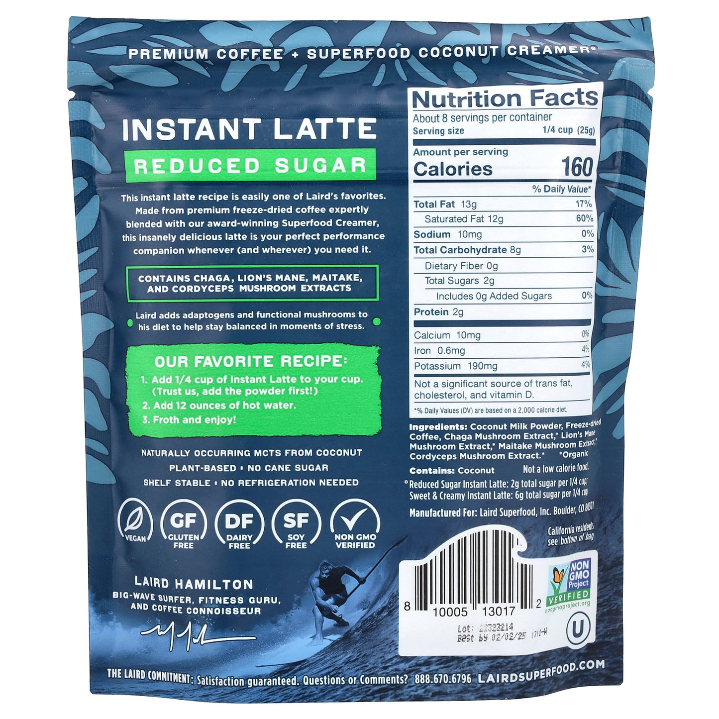 Laird Superfood, Instant Latte, Coffee + Creamer + Adaptogens, Reduced Sugar, 8 oz (227 g)