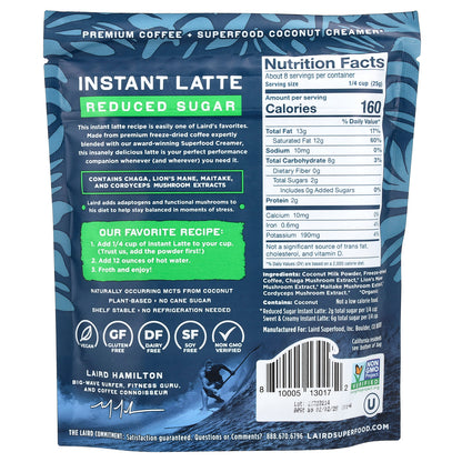 Laird Superfood, Instant Latte, Coffee + Creamer + Adaptogens, Reduced Sugar, 8 oz (227 g)