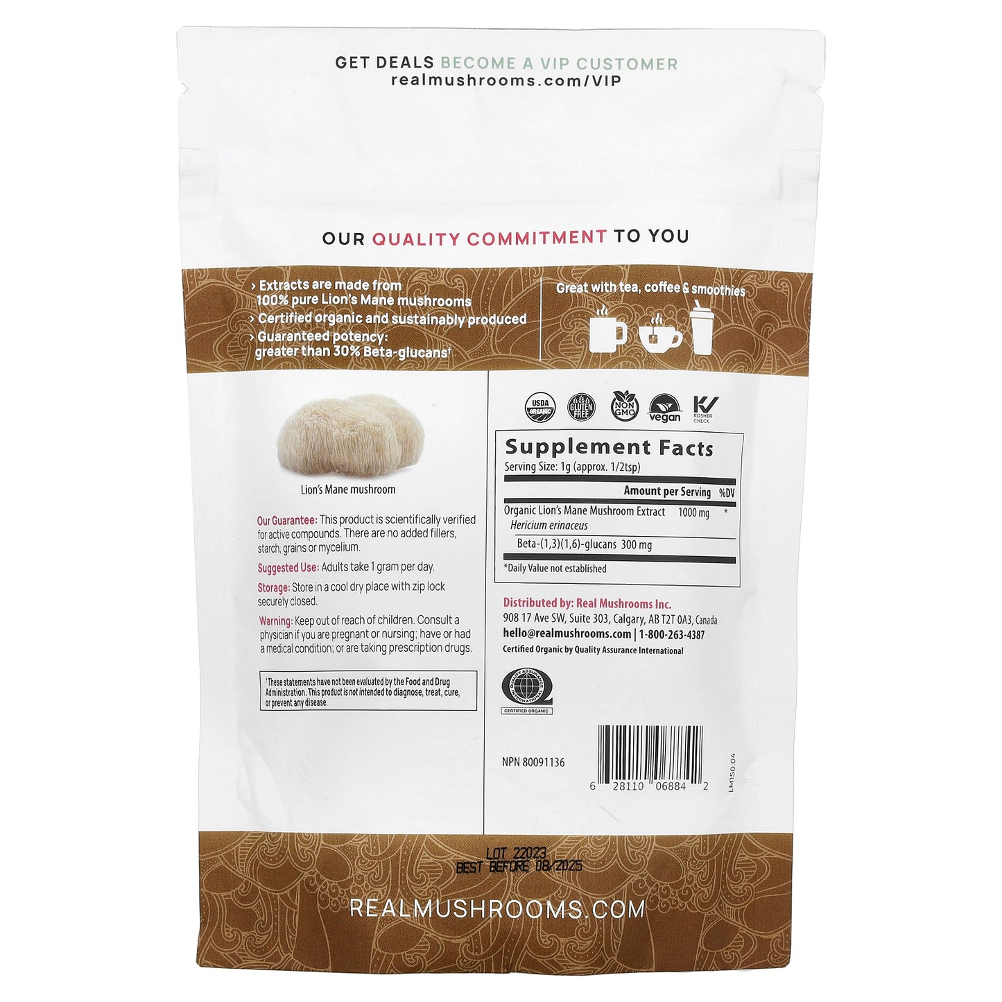 Real Mushrooms, Lion's Mane, Organic Mushroom Extract Powder, 5.29 oz (150 g)