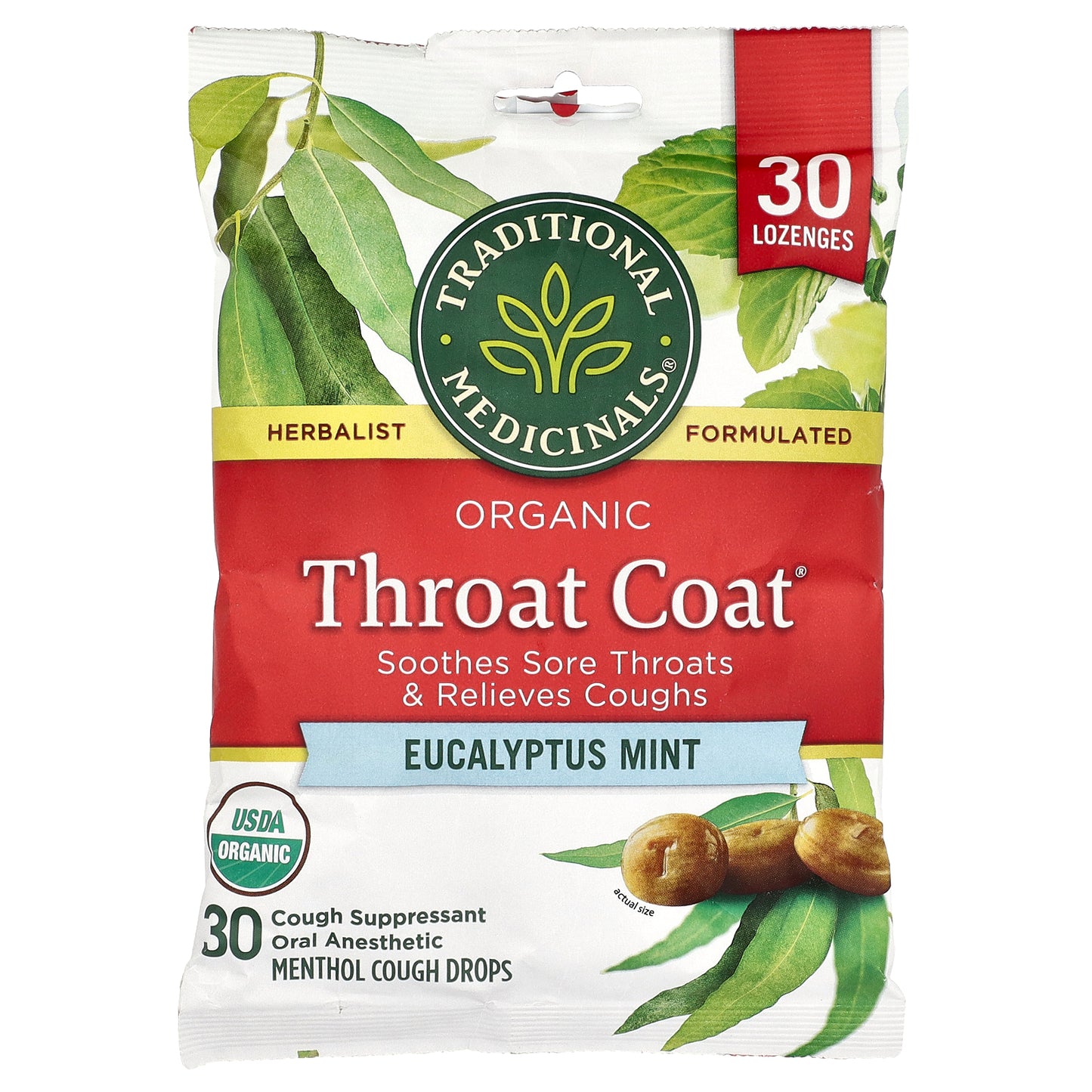 Traditional Medicinals, Organic Throat Coat® Drops, Eucalyptus Mint, 30 Menthol Cough Drops