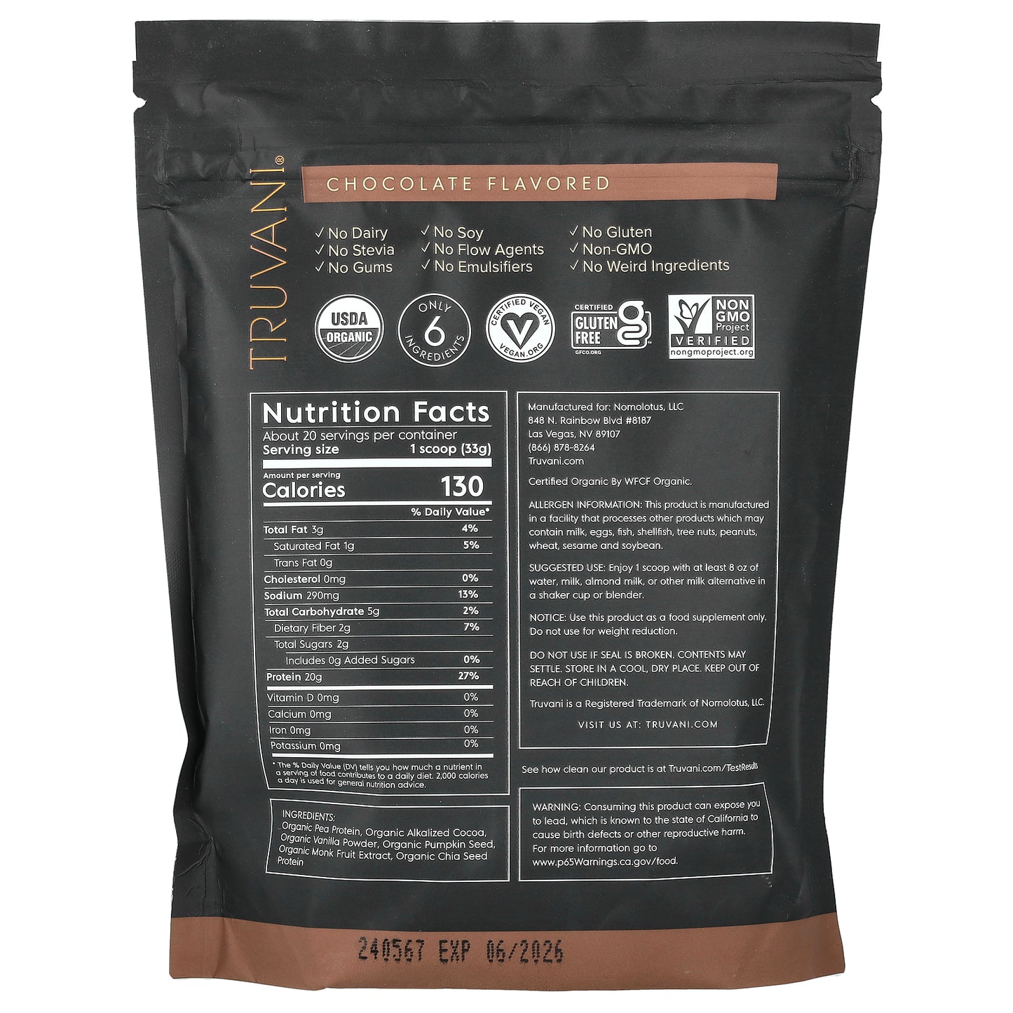 Truvani, Plant Based Protein, Chocolate, 1.48 lbs (670 g)