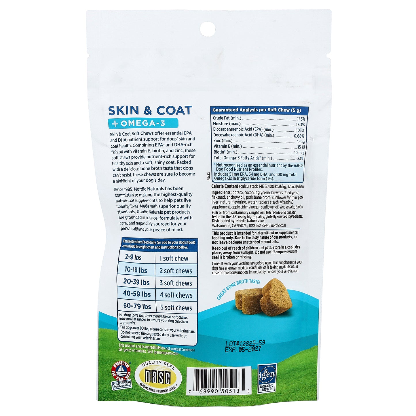 Nordic Naturals, Skin & Coat + Omega-3, For Dogs, Bone Broth, 30 Soft Chews, 5.29 oz (150 g)