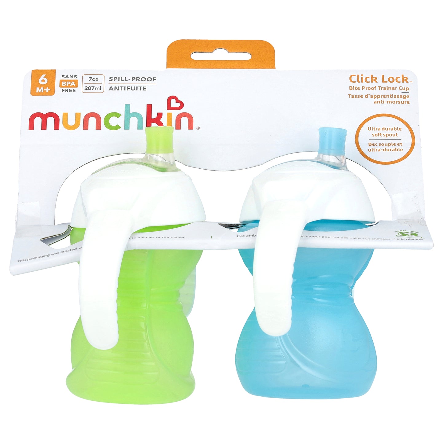 Munchkin, Click Lock™, Bite Proof Trainer Cup, 6 Months+, Light Green & Light Blue, 2 Count, 7 oz (207 ml) Each