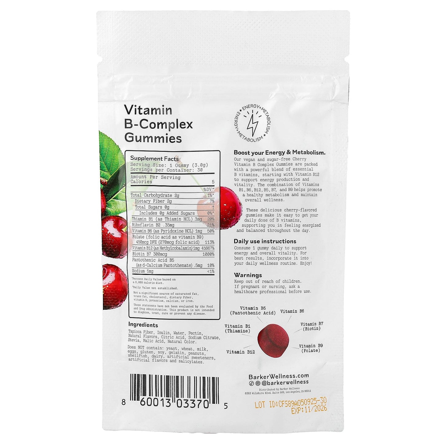 Barker Wellness Co, Vitamin B-Complex Gummies, Cherry, 30 Gummies