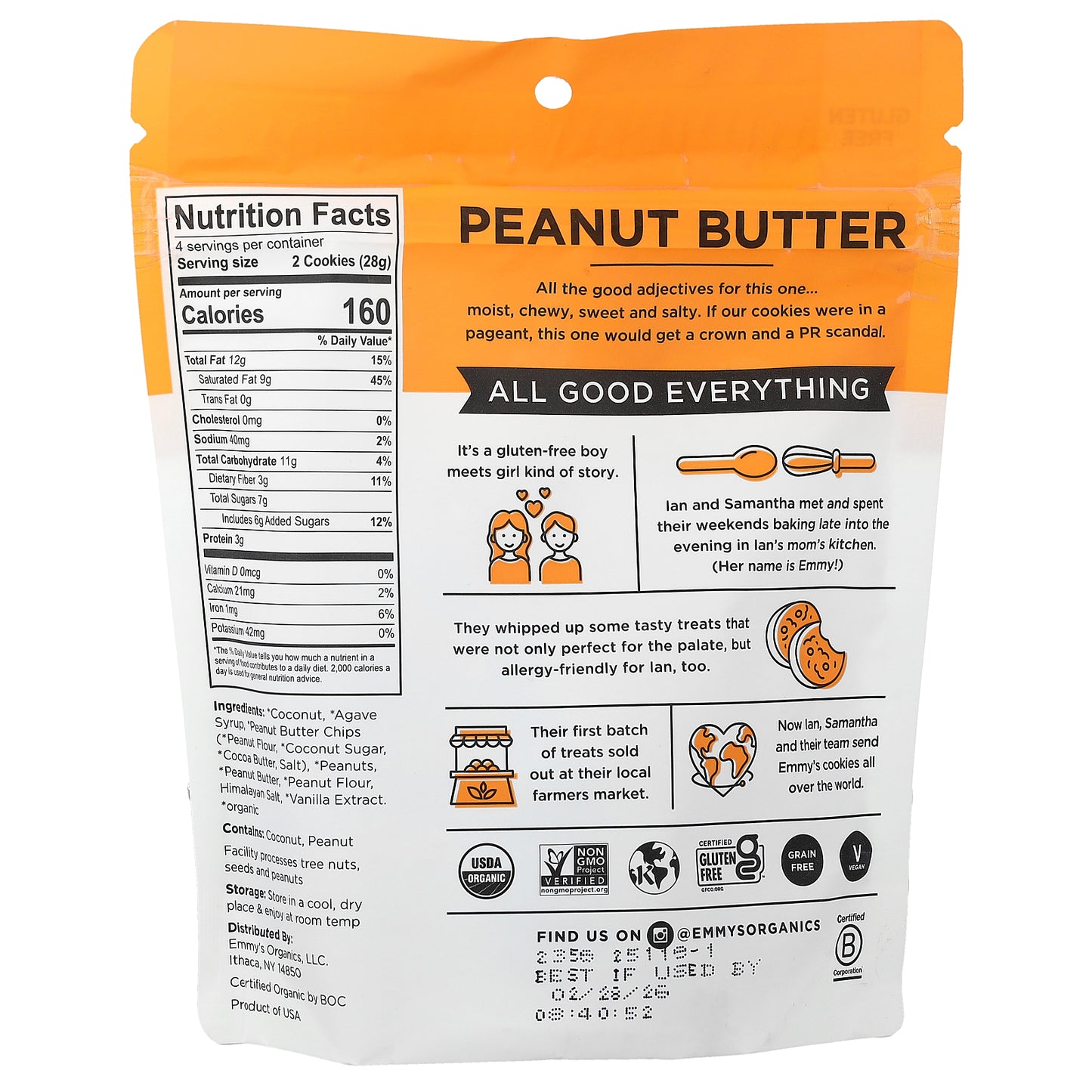 Emmy's Organic Cookies, Soft & Chewy Coconut Cookies, Peanut Butter, 4 oz (113 g)