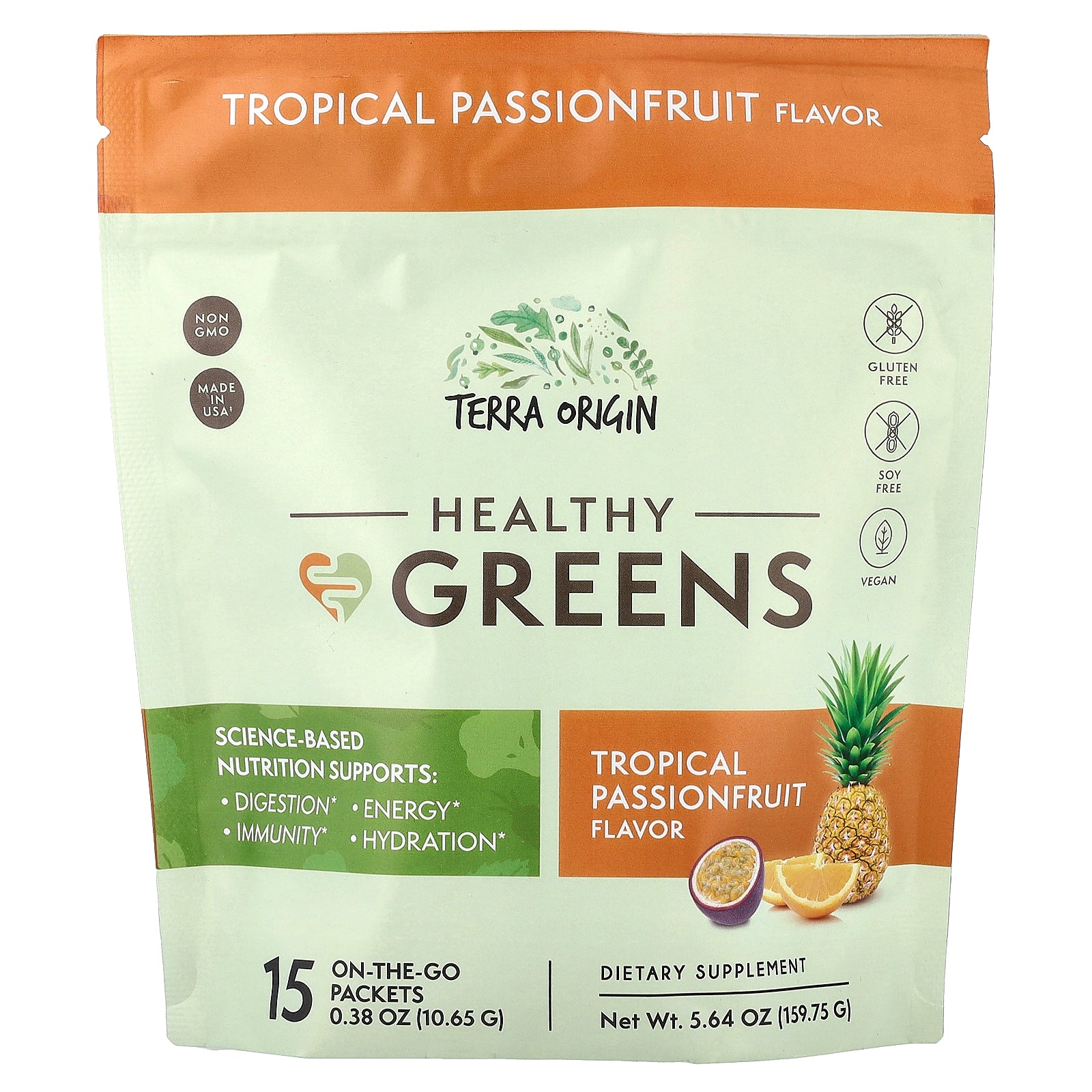 Terra Origin, Healthy Greens, Tropical Passionfruit, 15 On-The-Go Packets, 0.38 oz (10.65 g) Each