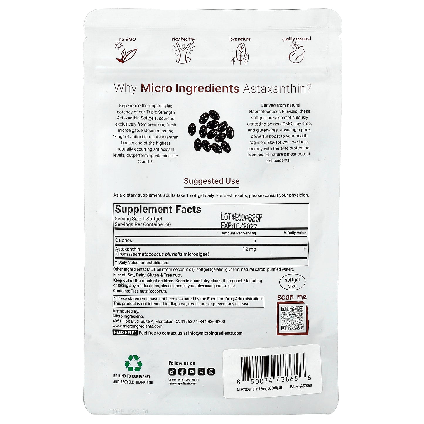 Micro Ingredients, Astaxanthin, 12 mg, 60 Softgels