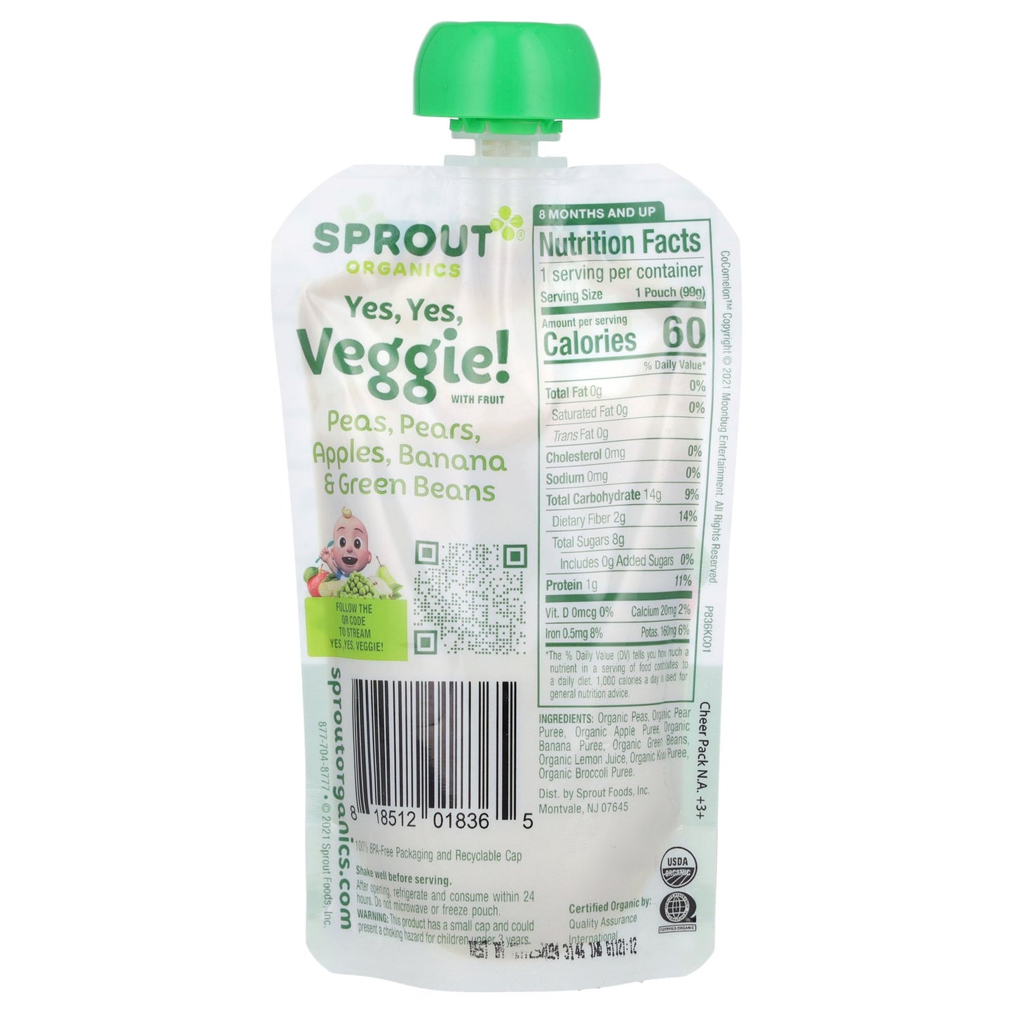 Sprout Organics, Cocomelon, Organic Yes, Yes, Veggie with Fruit, 8 Months and Up, Pea, Pears, Apples, Banana & Green Beans, 3.5 oz (99 g)