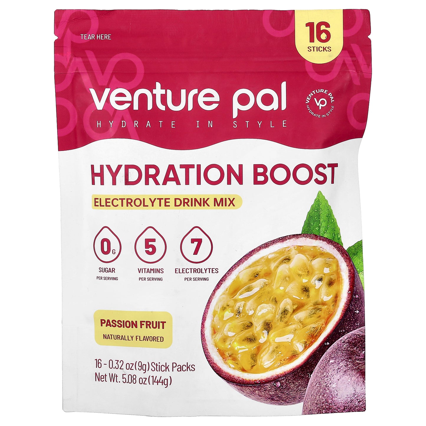 Venture Pal, Hydration Boost, Electrolyte Drink Mix, Passion Fruit, 16 Stick Packs, 0.32 oz (9 g) Each