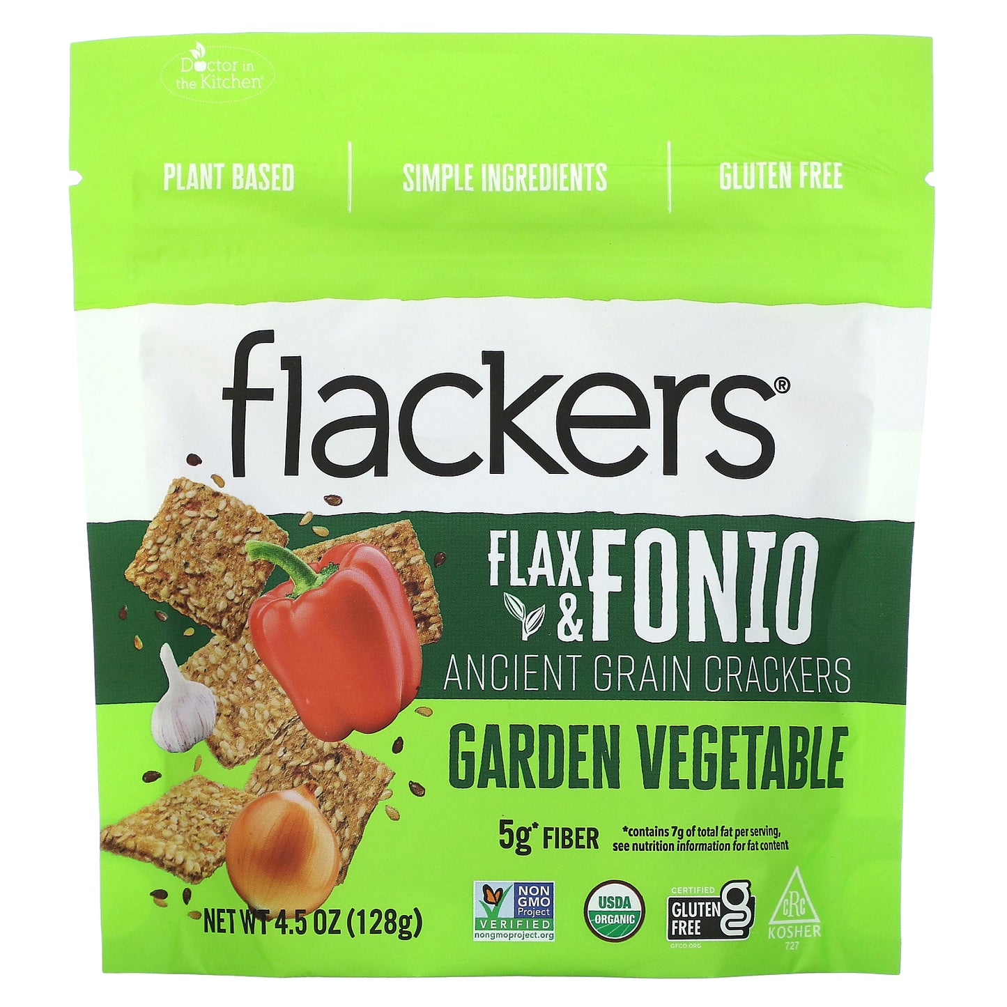 Flackers, Flax & Fonio Ancient Grain Crackers, Garden Vegetable, 4.5 oz (128 g)