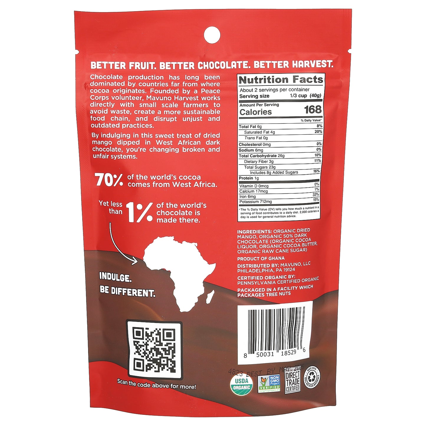 Mavuno Harvest, Dried Organic Mango, Dark Chocolate Dipped , 3 oz (84 g)