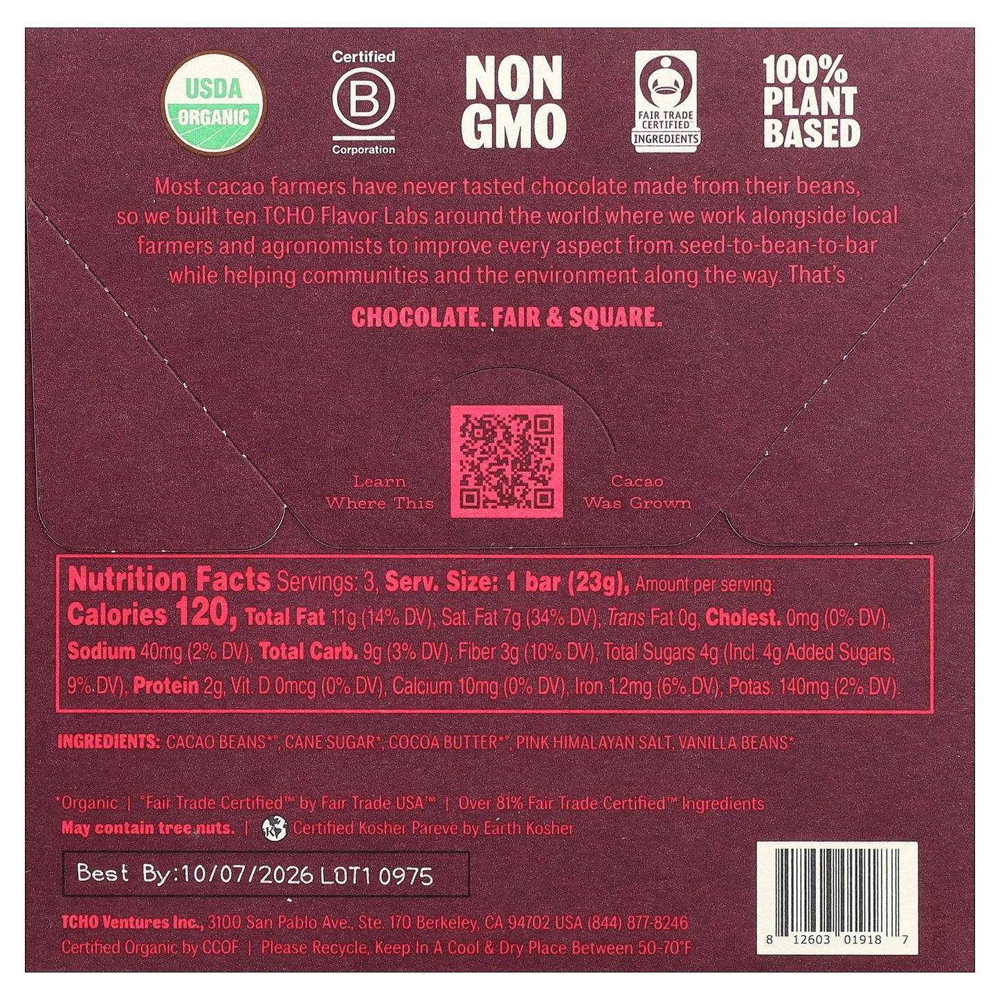 TCHO, Dark & Salty, Dark Chocolate with Pink Himalayan Salt, 81% Cacao, 3 Bars, 0.83 oz Each