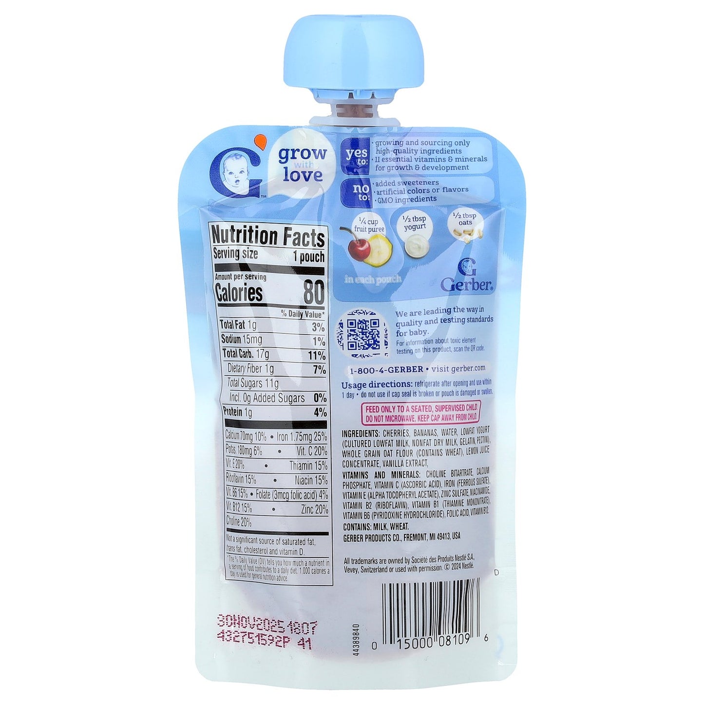 Gerber, Fruit Puree, Yogurt & Whole Grains, 12+ Months, Cherry Banana Vanilla, 3.5 oz (99 g)