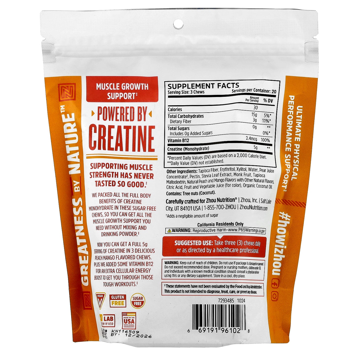 Zhou Nutrition, Creatine Chews, Peach Mango, 60 Chews