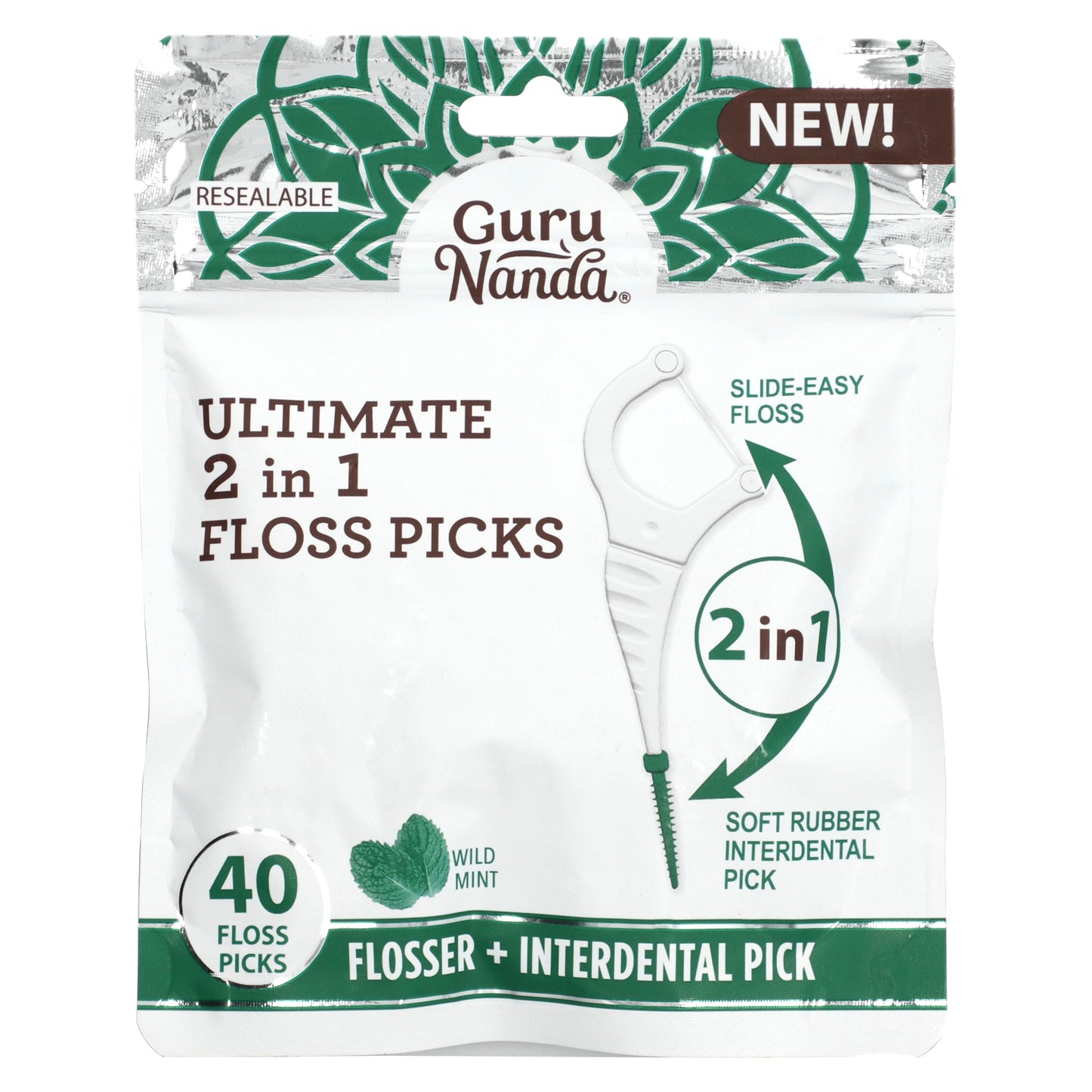 GuruNanda, Ultimate 2 in 1 Floss Picks, Wild Mint , 40 Floss picks