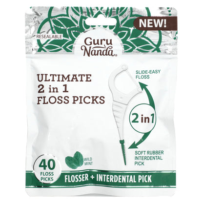 GuruNanda, Ultimate 2 in 1 Floss Picks, Wild Mint , 40 Floss picks