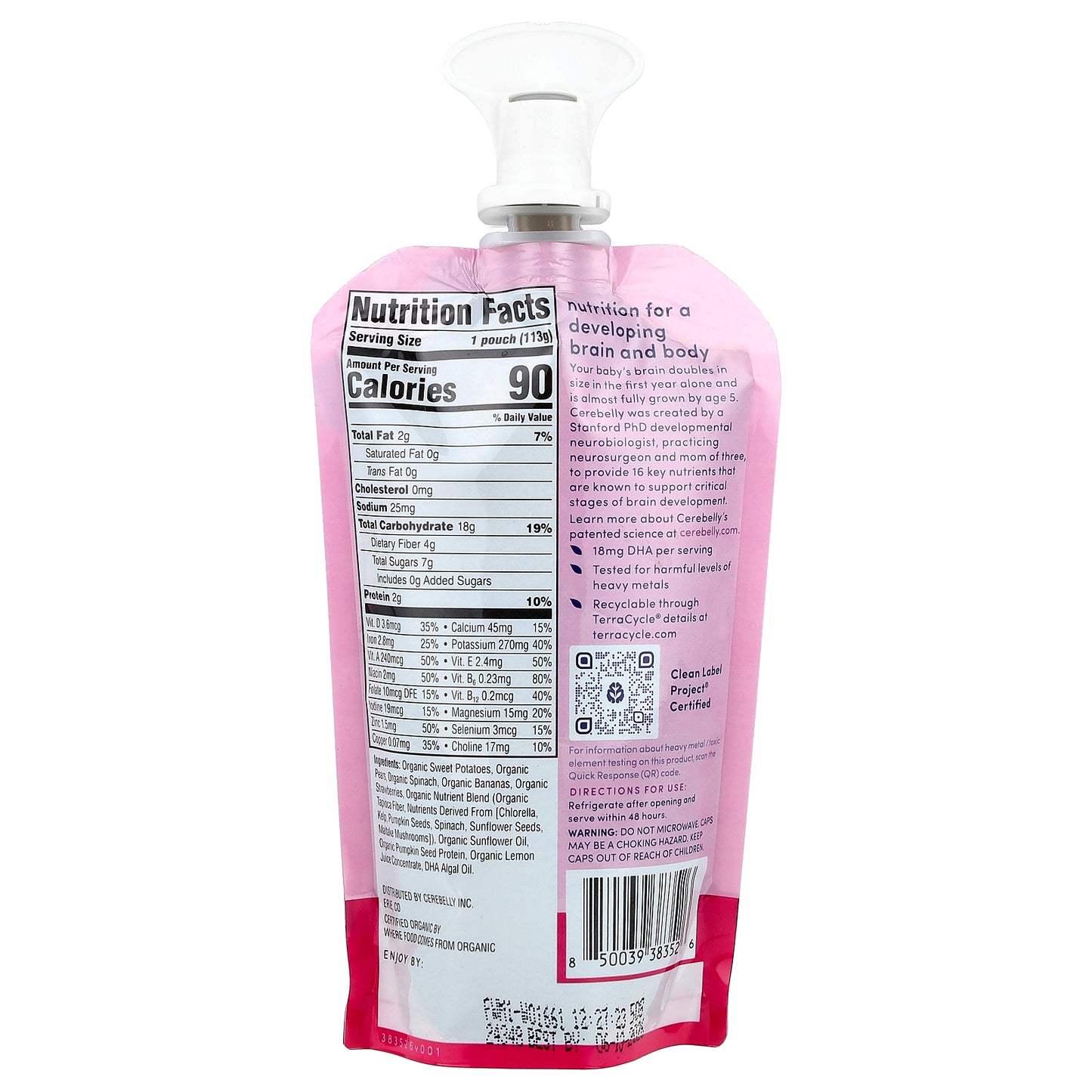 Cerebelly, Smoothie, Dairy-Free Organic Puree, 6+ Months, Spinach, Strawberry, Banana, 4 oz (113 g)