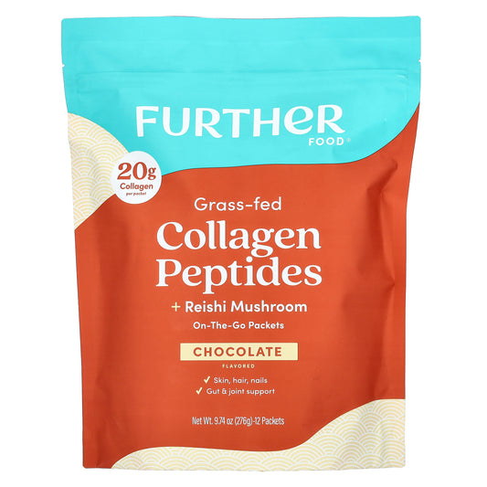 Further Food, Grass-Fed Collagen Peptides + Reishi Mushroom, Chocolate, 12 Packets, 0.81 oz (23 g) Each