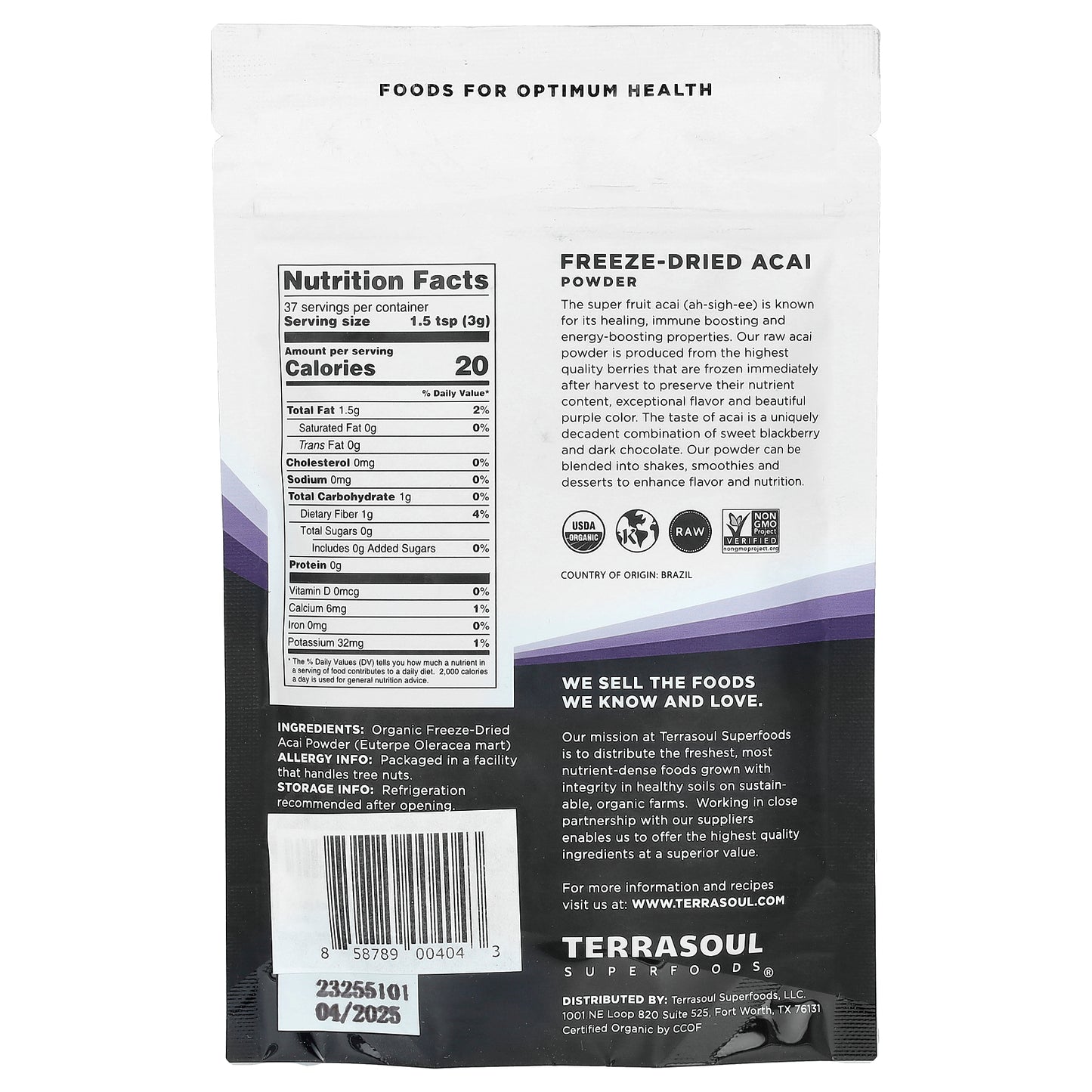 Terrasoul Superfoods, Acai Powder, Freeze-Dried, 4 oz (113 g)