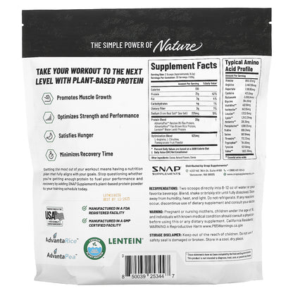 Snap Supplements, Plant Protein, Vegan Protein Powder, Chocolate, 939 g