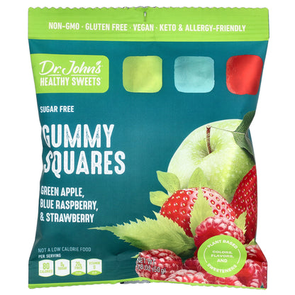 Dr. John's Healthy Sweets, Gummy Squares, Sugar Free, Green Apple, Blue Raspberry, & Strawberry, 1.8 oz (50 g)