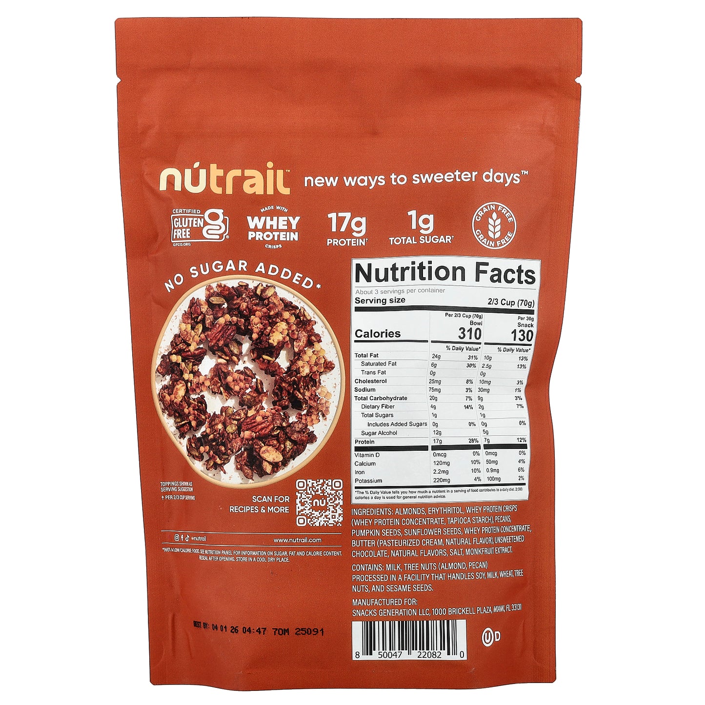 NuTrail, Protein Nut Granola, Chocolate, 8 oz (227 g)