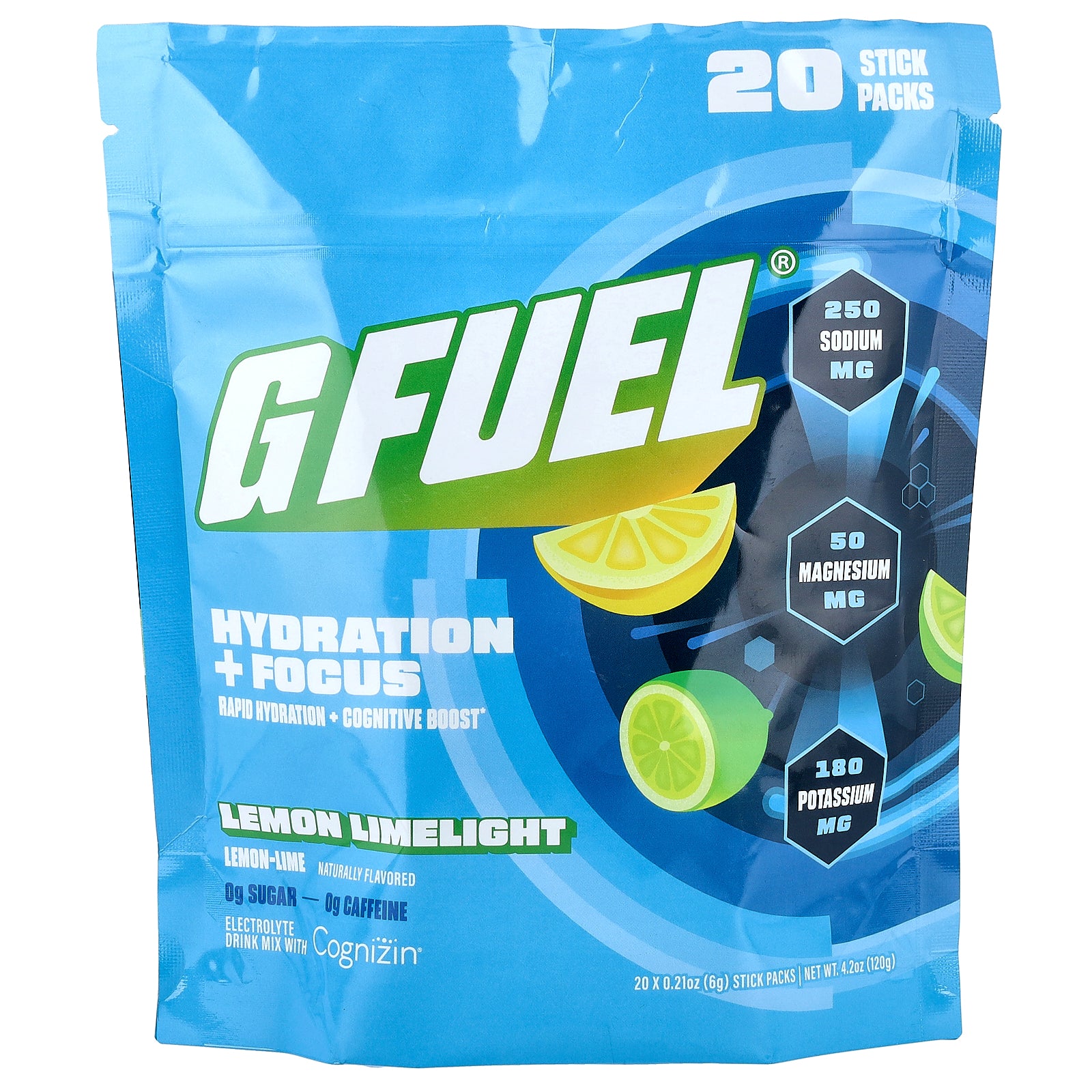 G FUEL, Hydration + Focus, Electrolyte Drink Mix with Cognizin®, Lemon Limelight, 20 Stick Packs, 0.21 oz (6 g) Each