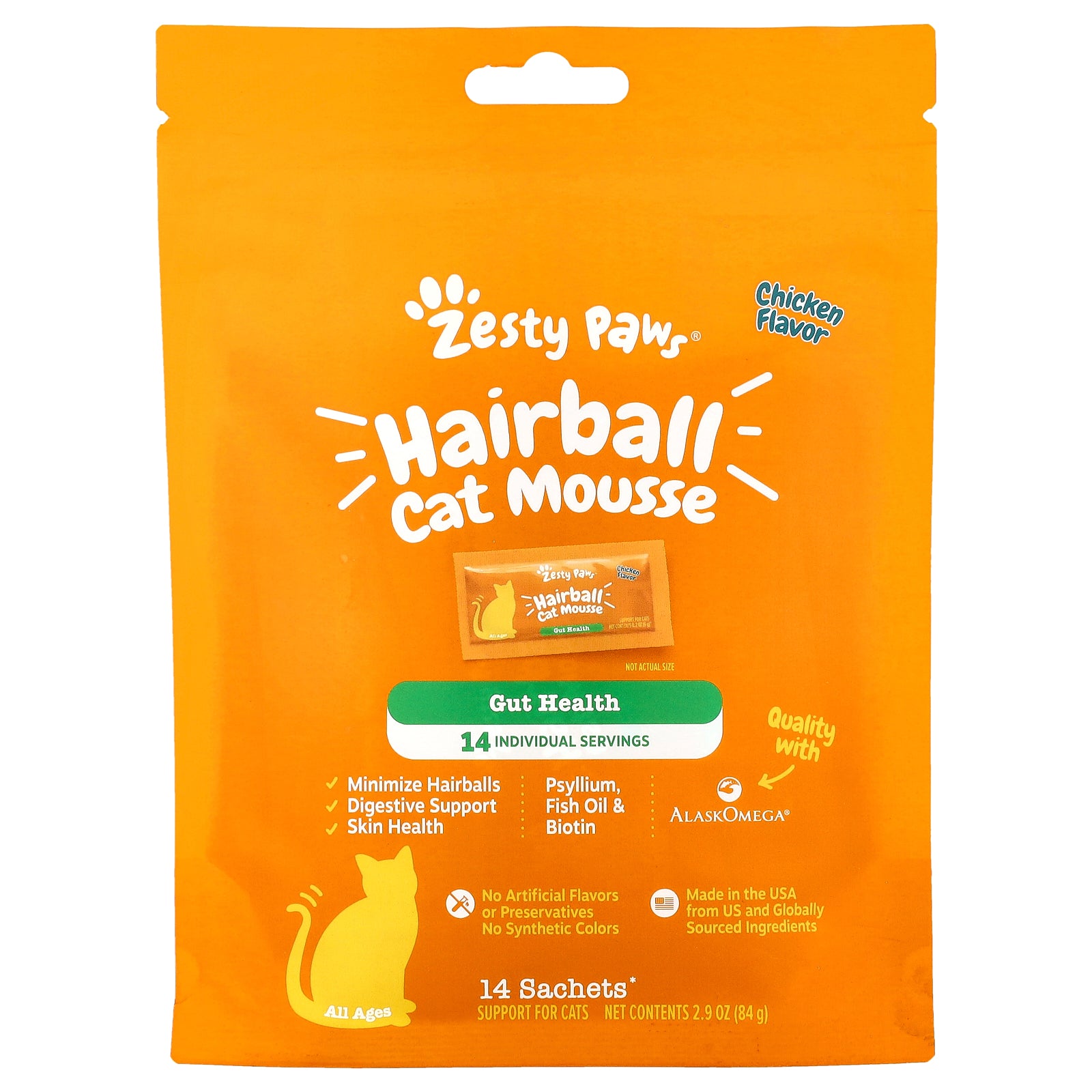 Zesty Paws, Hairball Cat Mousse, All Ages, Chicken, 14 Sachets, 0.2 oz (6 g) Each