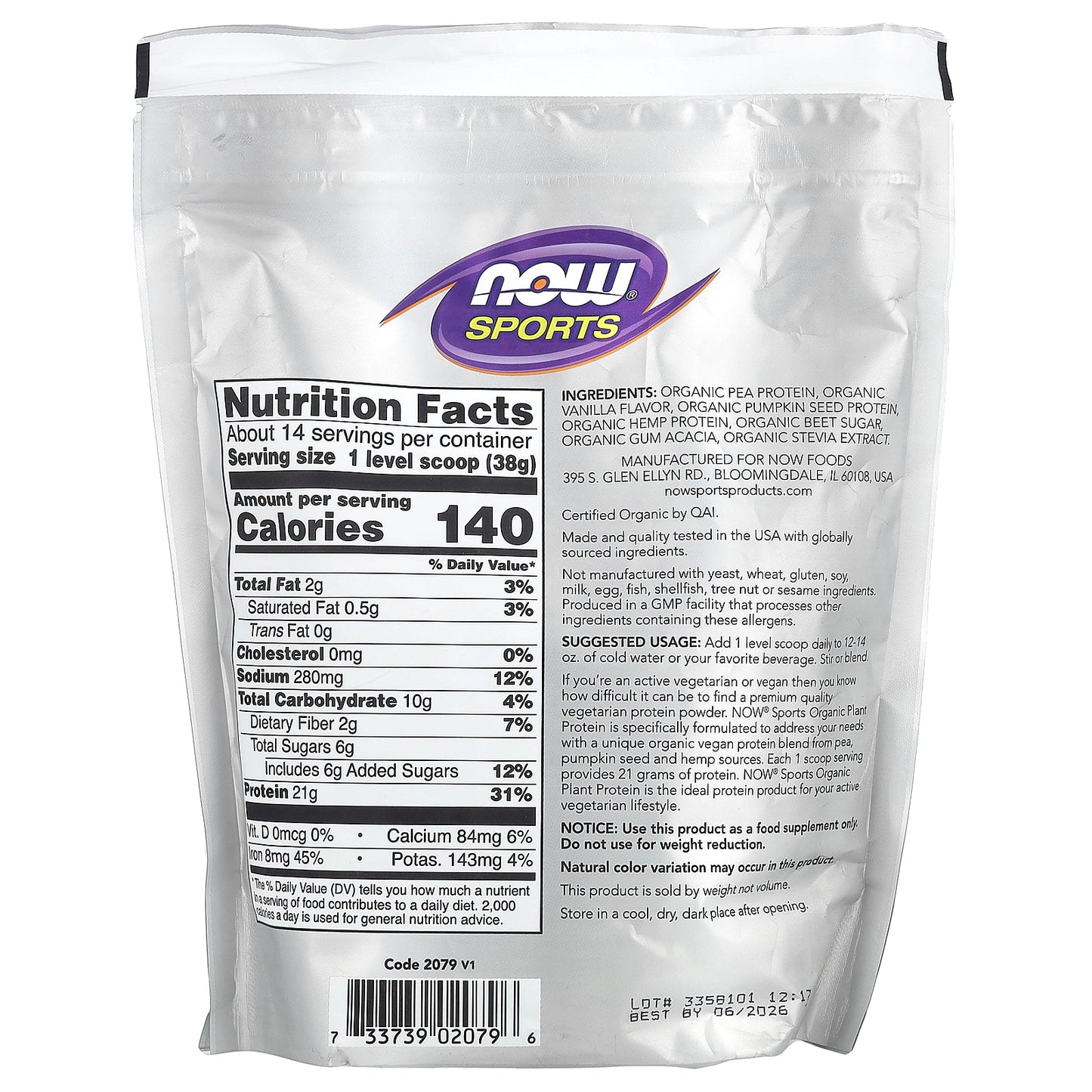 NOW Foods, Sports, Organic Plant Protein Powder, Creamy Vanilla, 1.2 lbs (544 g)