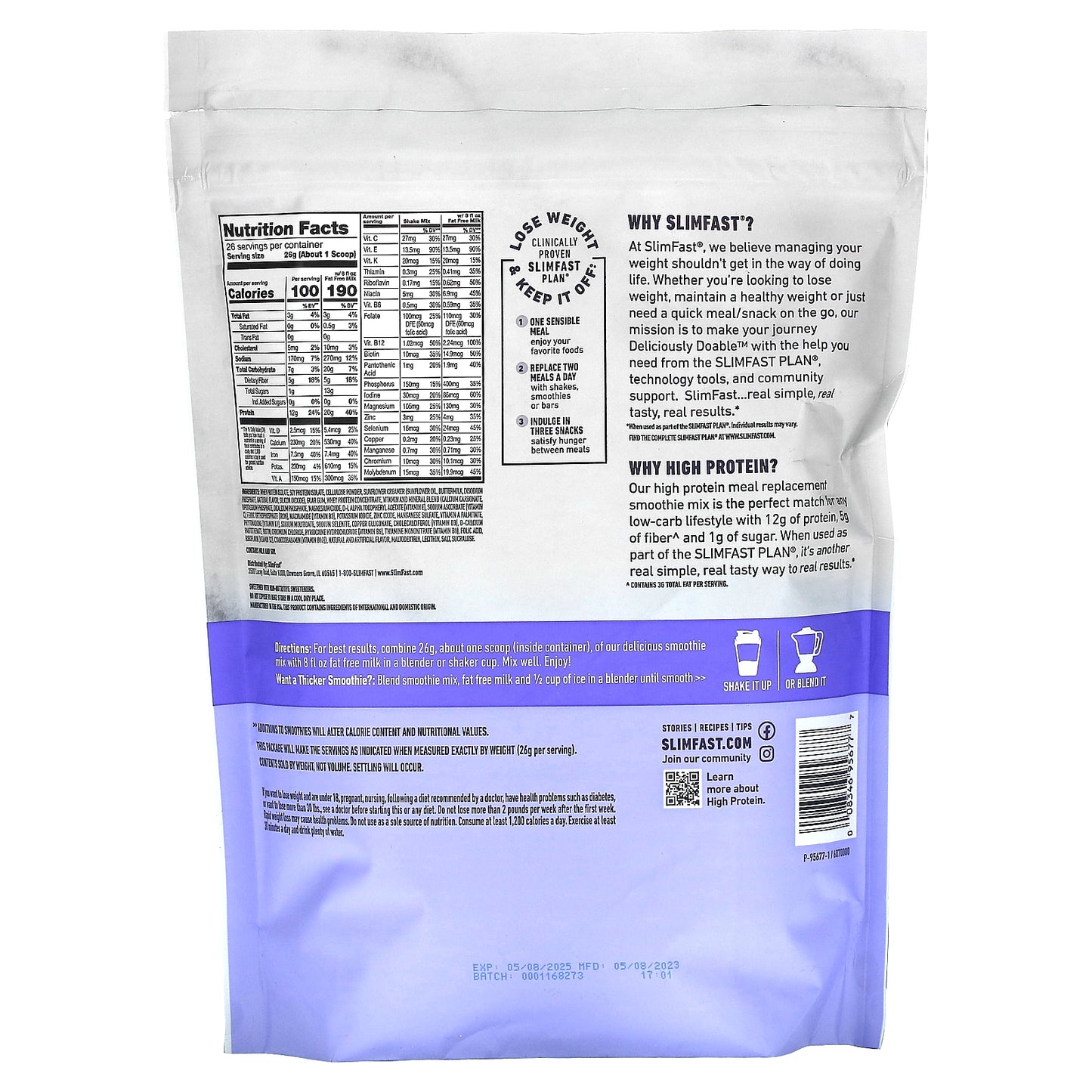 SlimFast, High Protein, Meal Replacement Smoothie Mix, Vanilla Cream, 1.49 lb (676 g)