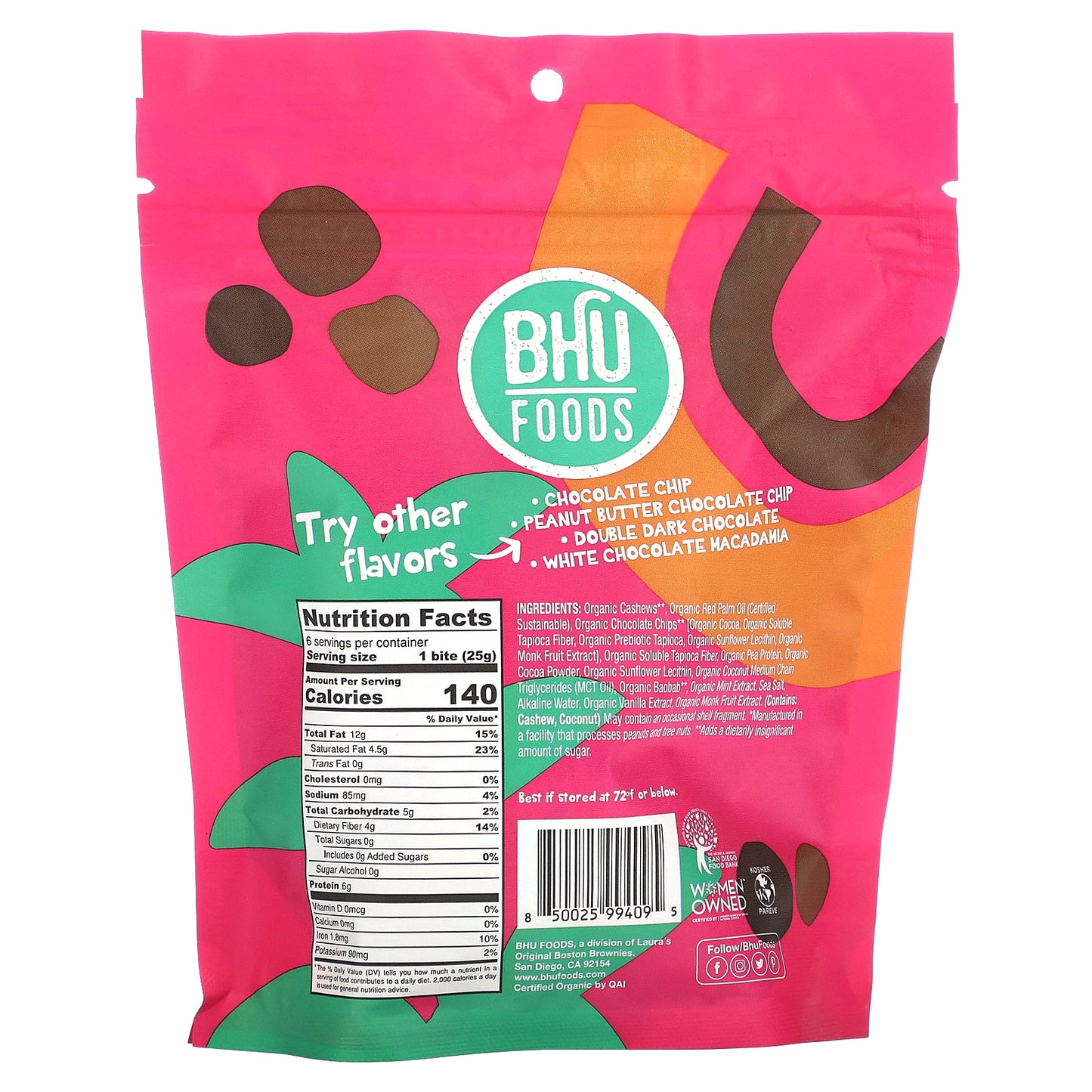 BHU Foods, Protein Bites, Chocolate Mint Cookie Dough, 6 Bites, 0.88 oz (25 g) Each